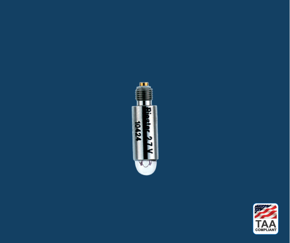 Small xenon bulb with metal base and clear glass top, designed for use in May ophthalmoscope during clinical eye examinations, placed upright in center of picture with blue background. TAA Compliant symbol with American flag in bottom right-hand corner