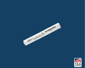 NiMH rechargeable AA-type battery designed for use in medical diagnostic devices, placed horizontally in center of picture with blue background. TAA Compliant symbol with American flag in bottom right-hand corner.