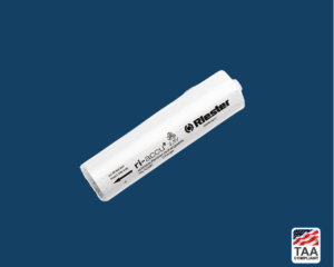 NiMH rechargeable C-type battery designed for use in medical diagnostic devices, placed horizontally in center of picture with blue background. TAA Compliant symbol with American flag in bottom right-hand corner.