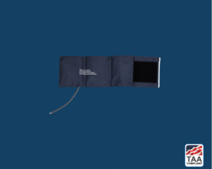 Riester blood pressure cuff placed flat in center of picture with blue background. TAA Compliant symbol with American flag in bottom right-hand corner.