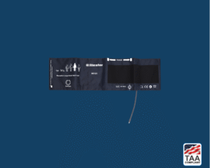 Riester blood pressure cuff placed flat in center of picture with blue background. TAA Compliant symbol with American flag in bottom right-hand corner.