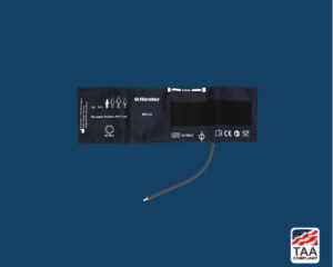 Riester blood pressure cuff placed flat in center of picture with blue background. TAA Compliant symbol with American flag in bottom right-hand corner.