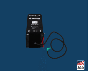 Small-sized Riester blood pressure cuff designed for accurate measurement in clinical settings, placed flat in center of picture with blue background. TAA Compliant symbol with American flag in bottom right-hand corner.