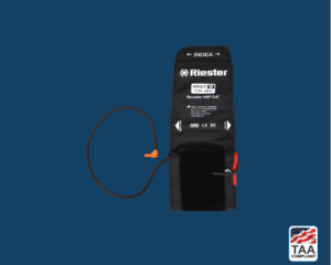 Wide-sized Riester blood pressure cuff designed for accurate and comfortable measurement in clinical use, placed flat in center of picture with blue background. TAA Compliant symbol with American flag in bottom right-hand corner.