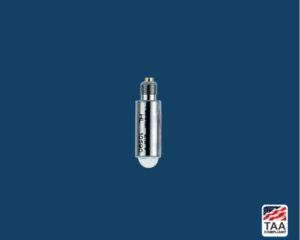 Replacement bulbs for universal otoscope in center of picture with blue background. TAA Compliant symbol with American flag in bottom right-hand corner