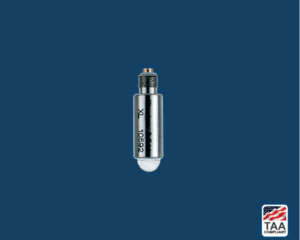 Replacement bulbs for universal otoscope in center of picture with blue background. TAA Compliant symbol with American flag in bottom right-hand corner