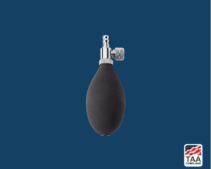 Riester inflation bulb with matte black body and silver air release valve, positioned centrally on blue background; TAA Compliant box featuring American flag visible in lower right corner.