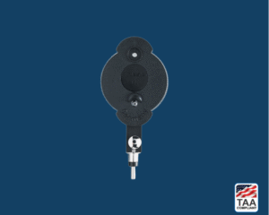 Riester may ophthalmoscope head with matte black casing and silver attachment collar, positioned centrally on blue background; TAA Compliant box featuring American flag visible in lower right corner.