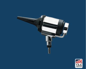 Riester uni econom otoscope with silver head, shown in angled close-up; positioned centrally on blue background with TAA Compliant box featuring American flag visible in lower right corner.