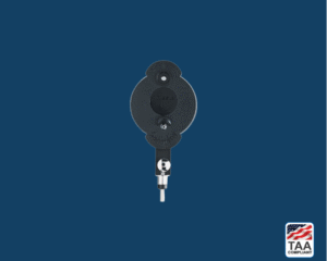 Riester uni econom otoscope with silver head, positioned centrally on blue background with TAA Compliant box featuring American flag visible in lower right corner.