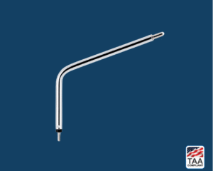 Riester uni econom bent arm illuminator with curved silver extension, positioned centrally on blue background; TAA Compliant box featuring American flag visible in lower right corner.