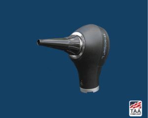 Riester EliteVue otoscope head with matte black casing and silver attachment collar, shown in close-up against blue background; TAA Compliant box featuring American flag visible in lower right corner.