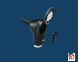 Riester ri-scope L otoscope head with matte black casing and silver attachment collar, positioned centrally on blue background; TAA Compliant box featuring American flag visible in lower right corner.
