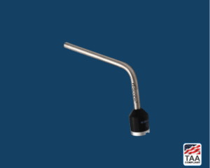 Riester F.O. light conductor head with matte black body and precision silver connector, positioned centrally on blue background; TAA Compliant box featuring American flag visible in lower right corner.