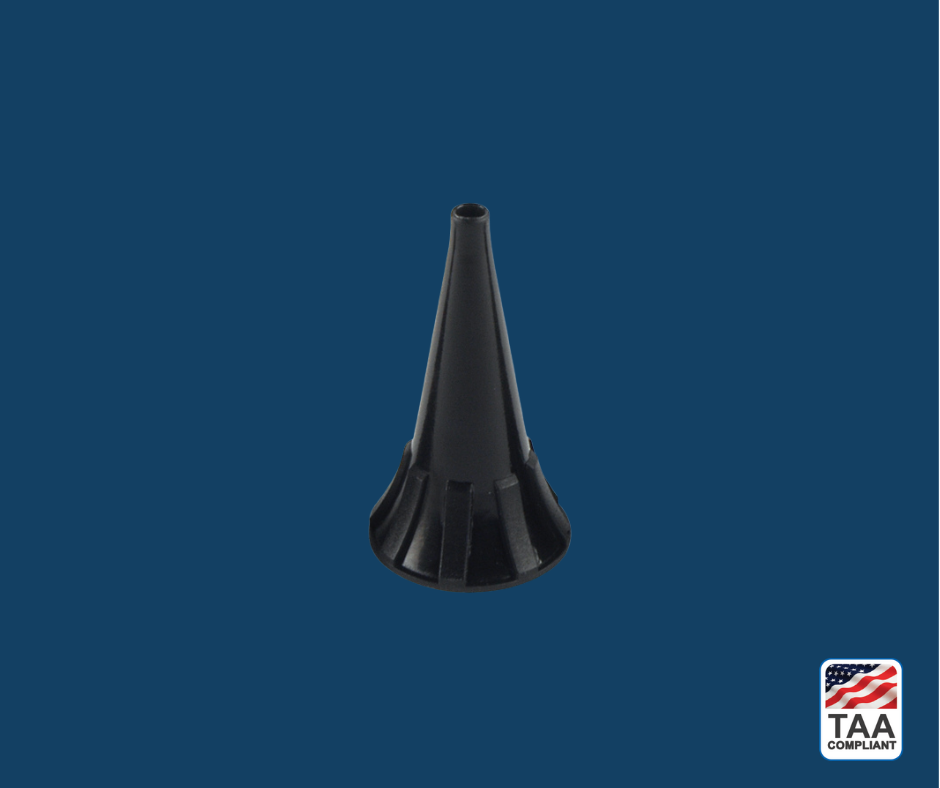 2.5mm plastic ear tip with flared base, arranged in fan formation for visual clarity; positioned centrally on blue background with TAA Compliant box featuring American flag visible in lower right corner.