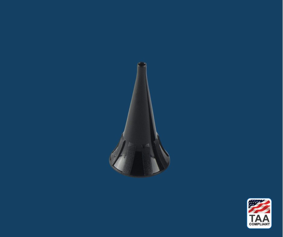 2mm plastic ear tip with flared base, arranged in fan formation for visual clarity; positioned centrally on blue background with TAA Compliant box featuring American flag visible in lower right corner.