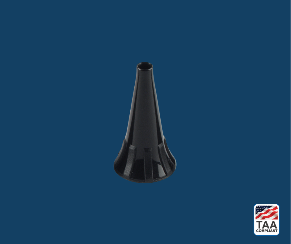 4mm plastic ear tip with flared base, arranged in fan formation for visual clarity; positioned centrally on blue background with TAA Compliant box featuring American flag visible in lower right corner.