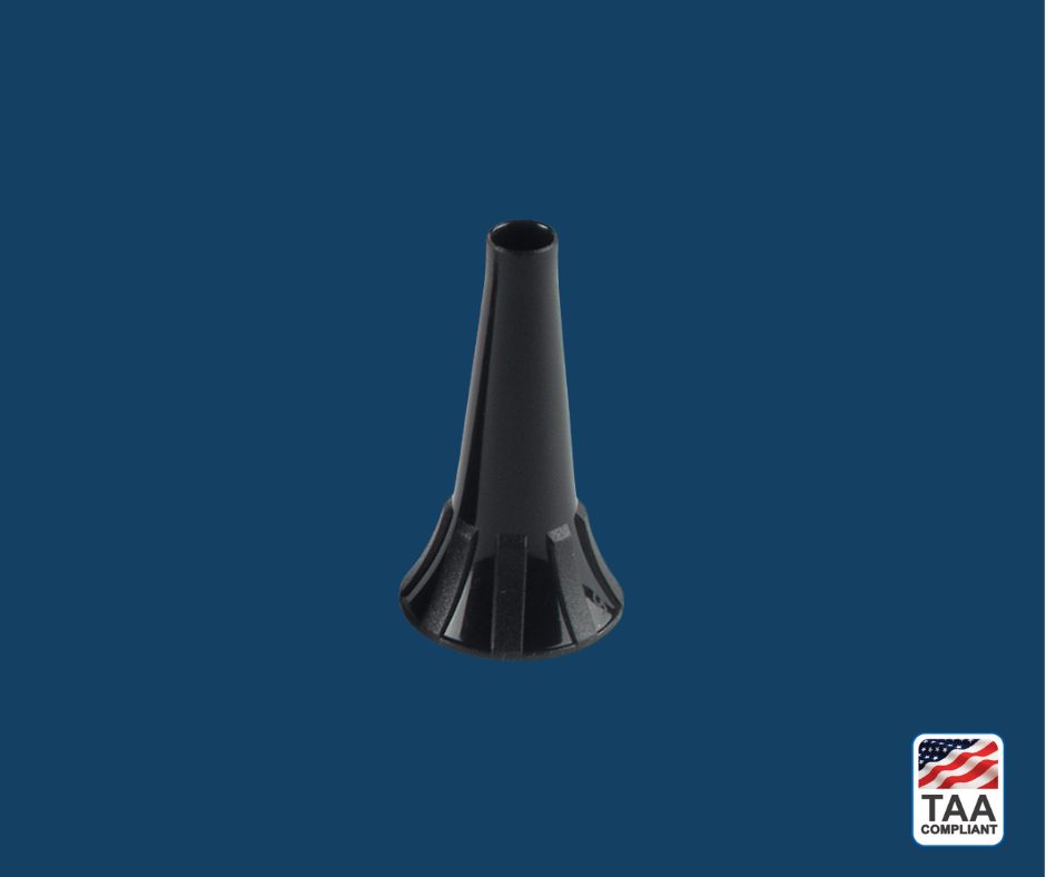 5mm plastic ear tip with flared base, arranged in fan formation for visual clarity; positioned centrally on blue background with TAA Compliant box featuring American flag visible in lower right corner.