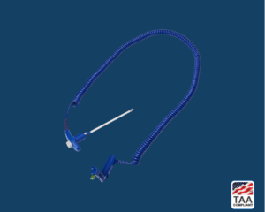 Oral probe in blue, positioned in center on blue background; TAA Compliant box with American flag in lower right corner