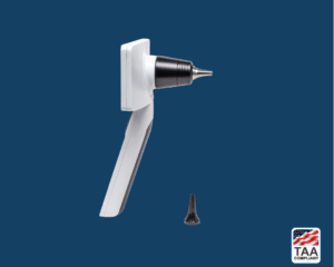 Derm lens attached to Riester RCS-100 otoscope in white, positioned in center on blue background; TAA Compliant box with American flag in lower right corner
