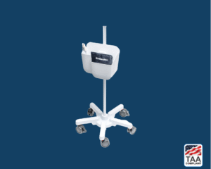 Riester RVS-100 stand in white, positioned in center on blue background; TAA Compliant box with American flag in lower right corner