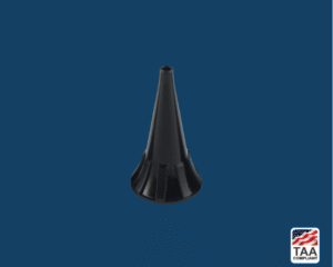 Ear specula 2.5mm in black, positioned in center on blue background; TAA Compliant box with American flag in lower right corner