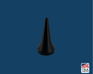 Ear specula 2mm in black, positioned in center on blue background; TAA Compliant box with American flag in lower right corner