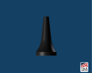 Ear specula 4mm in black, positioned in center on blue background; TAA Compliant box with American flag in lower right corner