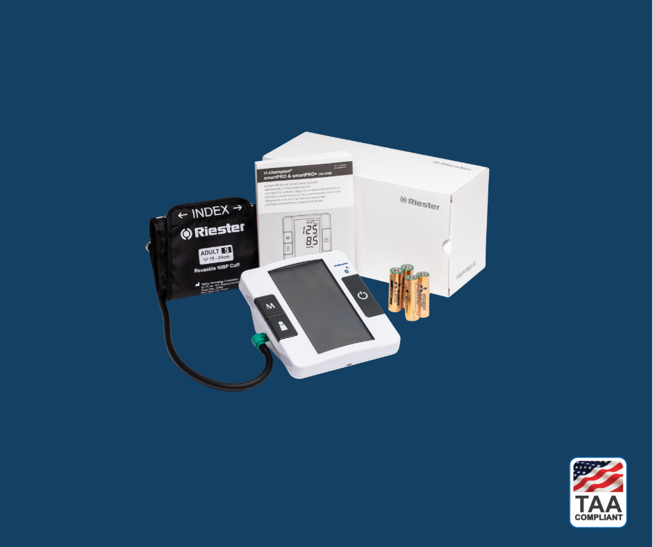 White, black, and silver diagnostic set with accessories displayed on blue background; TAA Compliant box with American flag in lower right corner