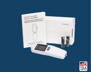 White and black sensioPRO diagnostic device inside open retail packaging, displayed on blue background; TAA Compliant box with American flag in lower right corner
