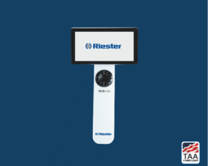 White RCS-100 diagnostic vitals device, displayed on blue background; TAA Compliant box with American flag in lower right corner