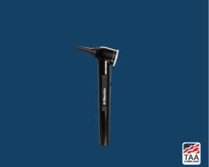 Black e-scope otoscope with silver tip and side-mounted switch, displayed on blue background; TAA Compliant box with American flag in lower right corner