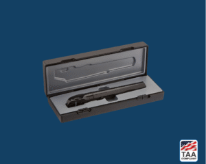 Black e-scope ophthalmoscope with silver tip stored inside black box case, displayed on blue background; TAA Compliant box with American flag in lower right corner