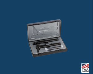 Black e-scope otoscope and ophthalmoscope set with silver tips stored inside black box case, displayed on blue background; TAA Compliant box with American flag in lower right corner