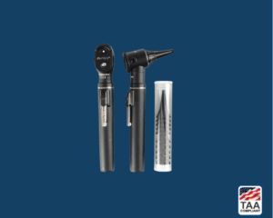 Black ri-mini otoscope and ophthalmoscope set with silver tips and included specula, displayed on blue background; TAA Compliant box with American flag in lower right corner