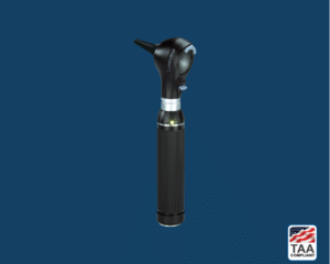 Black Riester ri-scope L otoscope with silver tip and side-mounted switch, displayed on blue background; TAA Compliant box with American flag in lower right corner