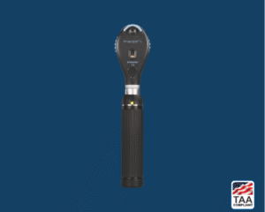 Black otoscope with flared viewing head and silver detailing, positioned centrally on blue background; TAA Compliant box featuring American flag visible in lower right corner.
