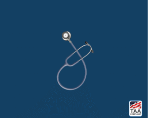 Black stethoscope with silver dual-head chestpiece and angled ear tubes, positioned centrally on blue background; TAA Compliant box featuring American flag visible in lower right corner.