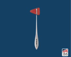 Black Taylor percussion hammer with triangular red rubber head and chrome handle, positioned centrally on blue background; TAA Compliant box featuring American flag visible in lower right corner.