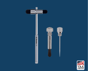 Black reflex hammer with chrome handle and dual rubber tips, positioned centrally on blue background; TAA Compliant box featuring American flag visible in lower right corner.