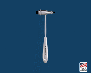 Black Troemner-style percussion hammer with chrome handle and dual circular rubber heads, positioned centrally on blue background; TAA Compliant box featuring American flag visible in lower right corner.