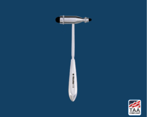 Black Troemner-style percussion hammer with textured chrome handle and dual rubber heads, positioned centrally on blue background; TAA Compliant box featuring American flag visible in lower right corner.