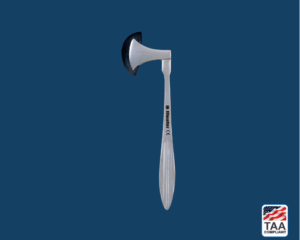 Black Berliner-style percussion hammer with slim chrome handle and round rubber head, positioned centrally on blue background; TAA Compliant box featuring American flag visible in lower right corner.