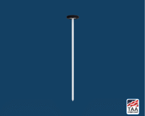 Black Queen percussion hammer with round rubber head and slim chrome handle, positioned centrally on blue background; TAA Compliant box featuring American flag visible in lower right corner.