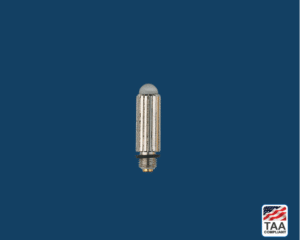 Gold and black medical bulb device centered on blue background; TAA Compliant box with American flag in lower right corner