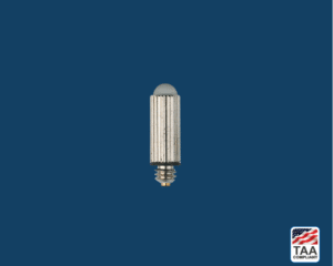 Gold and black medical bulb device centered on blue background; TAA Compliant box with American flag in lower right corner