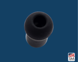 black earbud medical device centered on blue background, TAA Compliant box with American flag in lower right corner