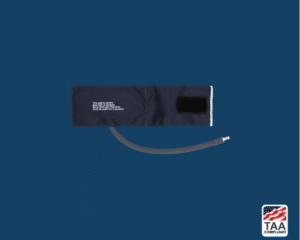 Black Riester blood pressure cuff placed flat in center of picture with blue background. TAA Compliant symbol with American flag in bottom right-hand corner.