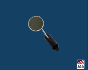 Laryngeal mirrors for oral and throat examination placed flat in center of picture with blue background. TAA Compliant symbol with American flag in bottom right-hand corner.