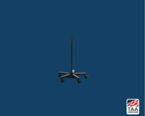 Mobile stand with base, pipe, and adapter for diagnostic equipment placed flat in center of picture with blue background. TAA Compliant symbol with American flag in bottom right-hand corner.